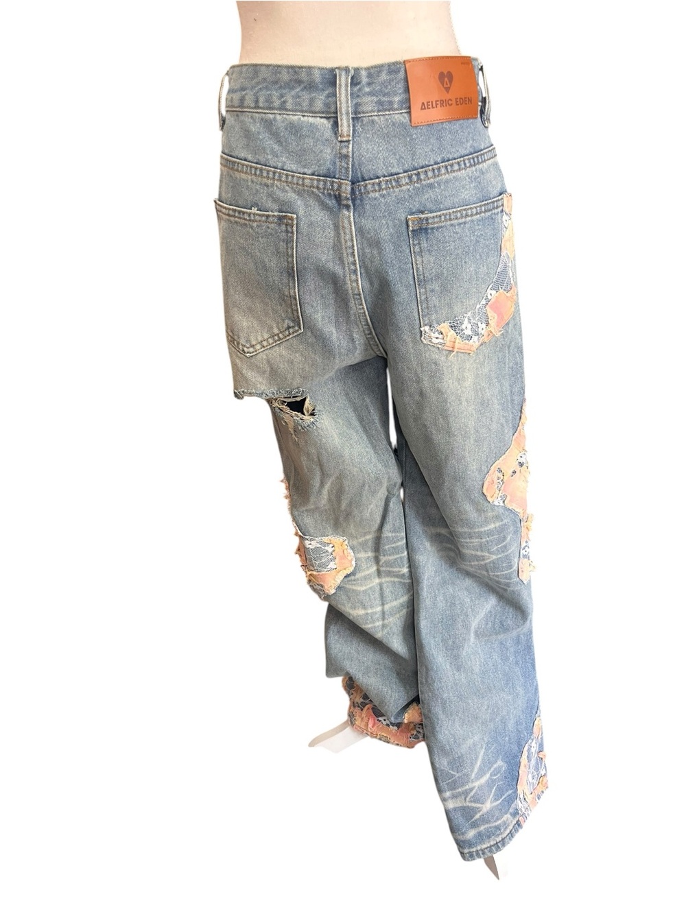Aelfric Eden Distressed Lace Patchwork Baggy Wide Leg Jeans Size 29 NWT - Picture 6 of 15